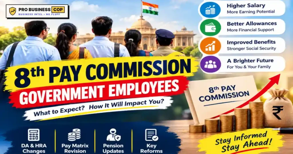 8th Pay Commission Government Employees Guide: What’s Confirmed, What’s a Guess and How to Plan 8th Pay Commission government employees illustration with DA and HRA changes, pay matrix revision, pension updates and key reforms