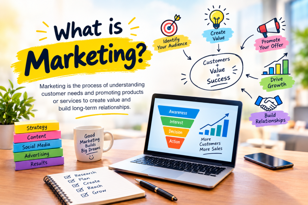 What Is Marketing? The Plain-English Definition Every Business Owner Needs What is marketing infographic explaining audience targeting, strategy, promotion, customer relationships, and business growth