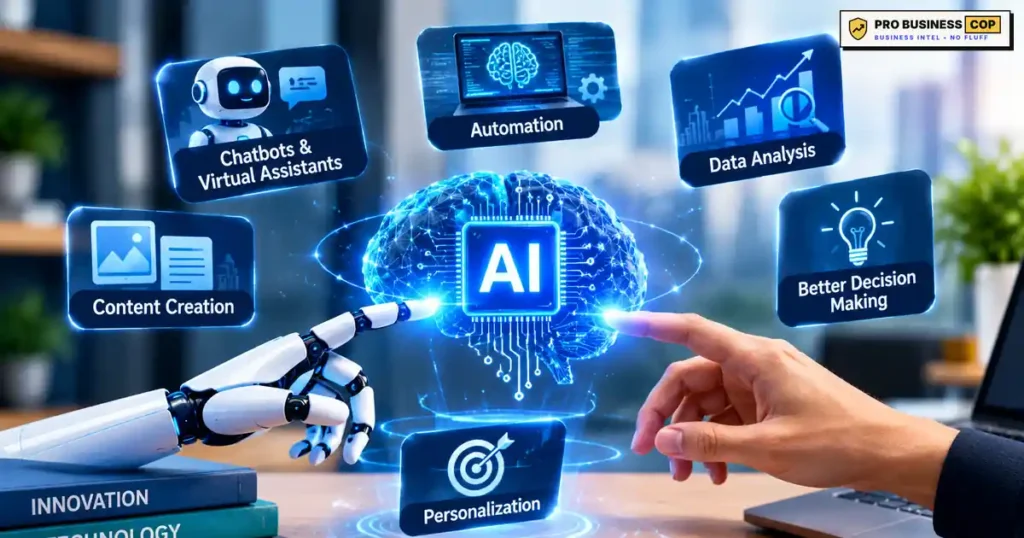 Artificial Intelligence: What It Is, How It Works and How Your Business Can Use It Artificial intelligence concept showing a robot hand and human hand around an AI brain with chatbots, automation, data analysis and content creation