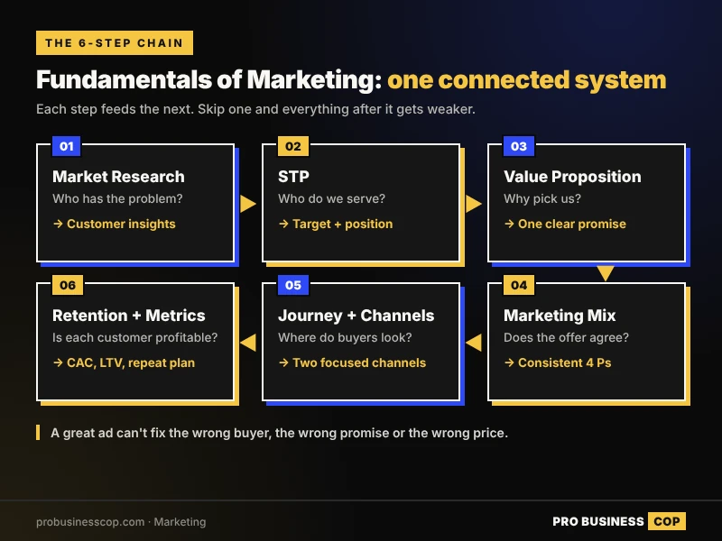 Fundamentals of marketing 6-step system diagram showing market research, STP, value proposition, marketing mix, customer journey and retention