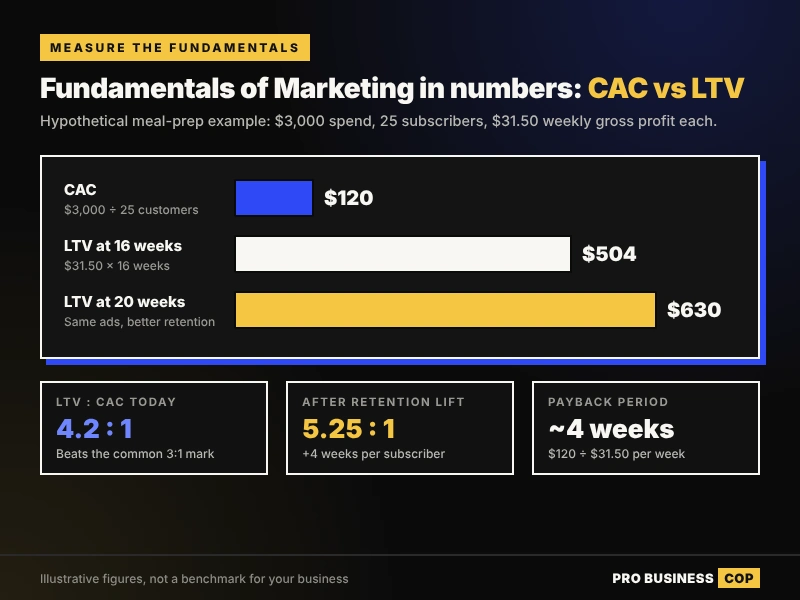 Fundamentals of marketing CAC vs LTV bar chart showing $120 acquisition cost against $504 and $630 customer lifetime value
