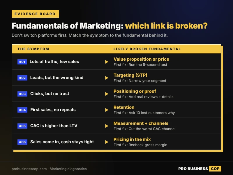 Fundamentals of marketing diagnostic checklist matching six marketing symptoms to the broken fundamental and first fix