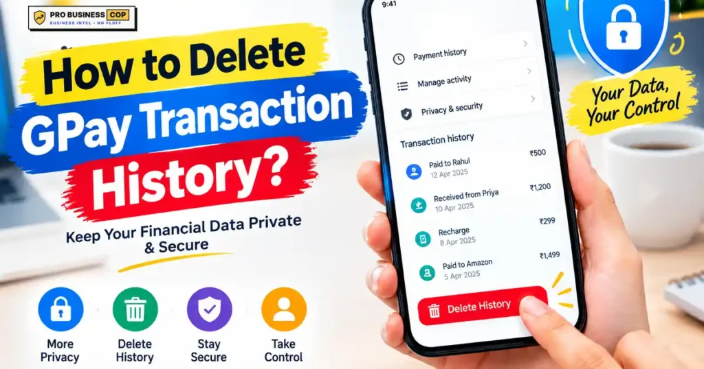 How to delete GPay transaction history guide showing a phone with payment history and privacy options