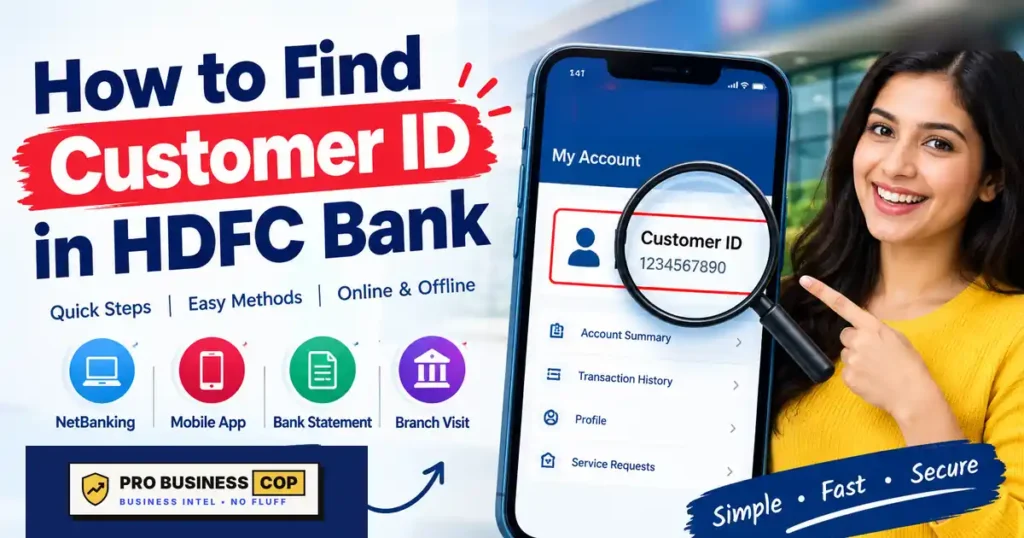 How to Find Customer ID in HDFC Bank: The Fastest Safe Method for Your Situation How to find customer ID in HDFC Bank illustration showing a customer ID on a banking app profile screen with NetBanking, app, statement and branch options