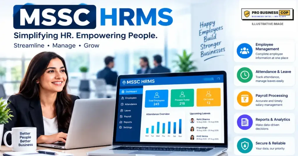 MSSC HRMS: Login, Payslip and Help Guide for Maharashtra State Security Corporation Staff MSSC HRMS illustration showing an HR dashboard with employee, attendance, leave and payroll features