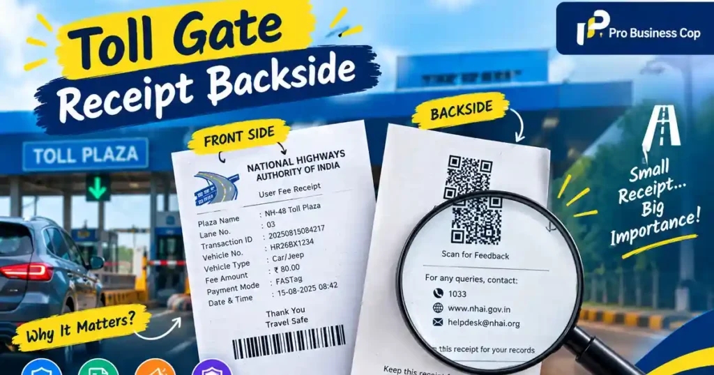 Toll Gate Receipt Backside: What’s Printed, What’s a Myth and How Businesses Use It Toll gate receipt backside and front side illustration with a magnifying glass on the helpline details at an Indian toll plaza