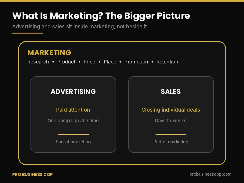 What is marketing compared with advertising and sales, showing both inside marketing